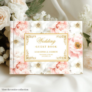 Pretty watercolor light pink flowers gold wedding guest book
