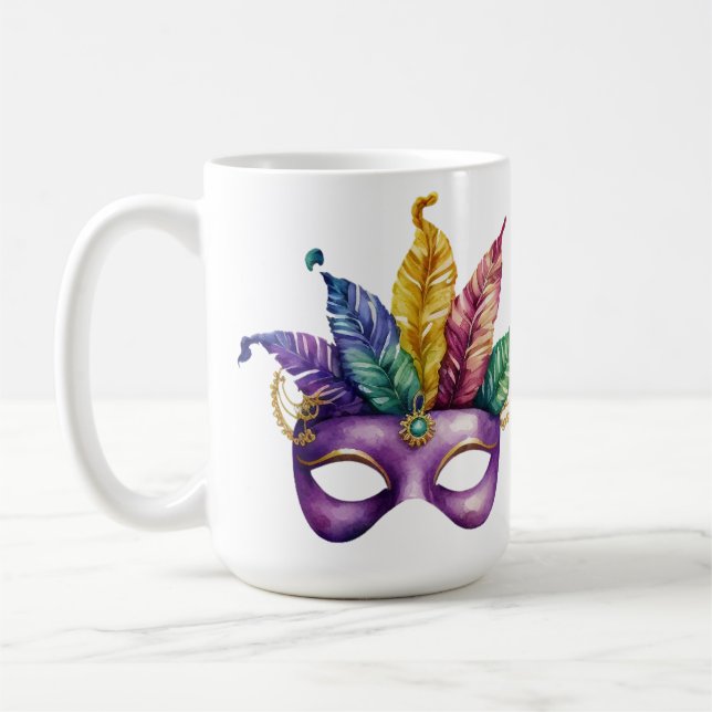 PRETTY WATERCOLOR MARDI GRAS MASK WITH FEATHERS COFFEE MUG (Left)