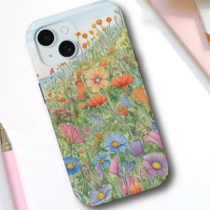 Pretty Watercolor Meadow of Pastel Wildflowers iPhone 15 Case