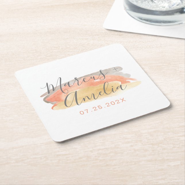 Pretty Watercolor Minimalist Wedding  Square Paper Coaster (Angled)