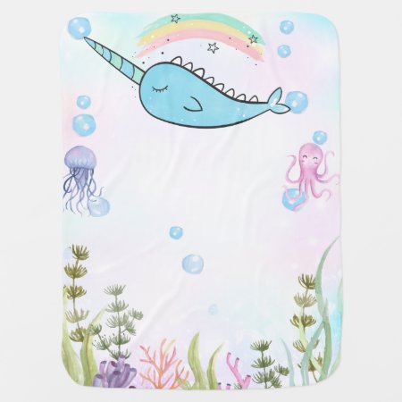 Pretty Watercolor Narwhal Under The Sea Baby Blanket
