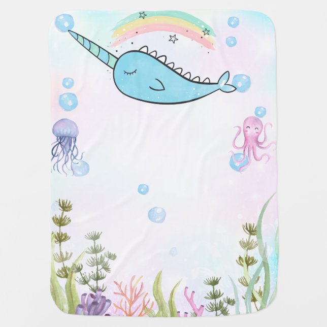 Pretty Watercolor Narwhal Under the sea Baby Blanket (Front)