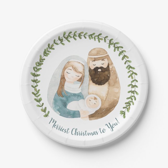 Pretty Watercolor Nativity Christmas Paper Plate (Front)