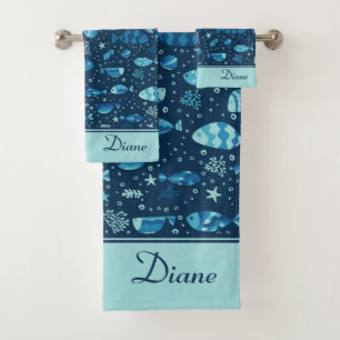 Pretty Watercolor Ocean Fishes Pattern with Name Bath Towel Set