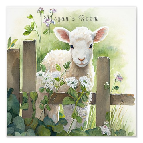 Pretty Watercolor Painting Lamb White Flowers   Photo Print