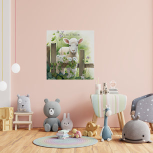 Pretty Watercolor Painting Lamb White Flowers Poster