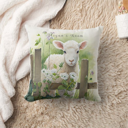 Pretty Watercolor Painting Lamb White Flowers   Throw Pillow