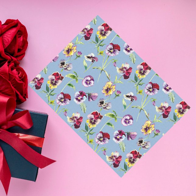 Pretty Watercolor Pansies Pattern Cerulean Blue Tissue Paper (Creator Uploaded)