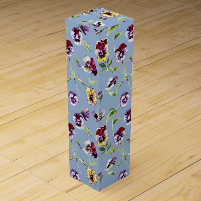 Pretty Watercolor Pansies Pattern Cerulean Blue  Wine Box (Front)