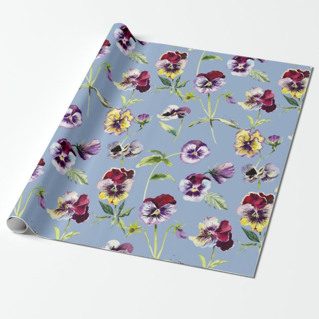 Pretty Watercolor Pansies Pattern Cerulean Blue  Wrapping Paper (Unrolled)
