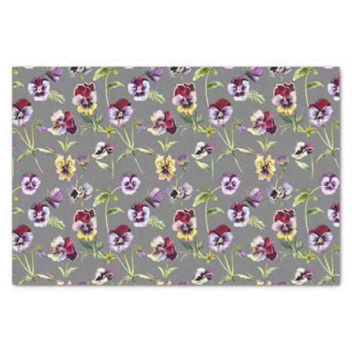 Pretty Watercolor Pansies Pattern on Gray Tissue Paper