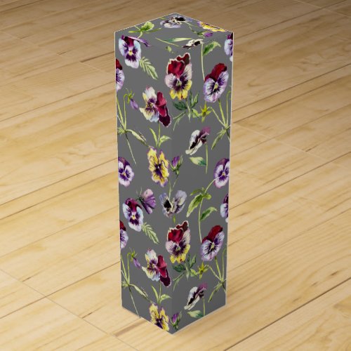 Pretty Watercolor Pansies Pattern on Gray Wine Box