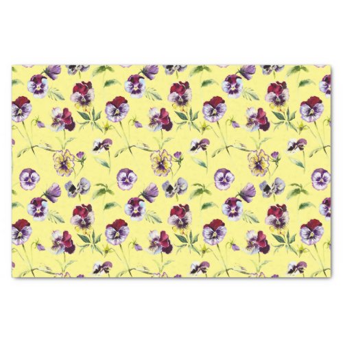 Pretty Watercolor Pansies Pattern on Yellow Tissue Paper