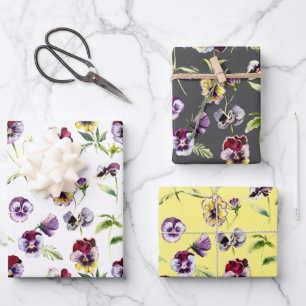 Pretty Watercolor Pansies Pattern Trio Wrapping Paper Sheets
