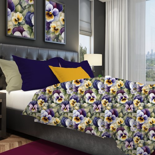 Pretty Watercolor Pansy Flower Patterned Duvet Cover