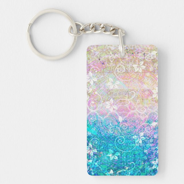 Pretty Watercolor Pastel Floral Pink and Blue Keychain (Front)