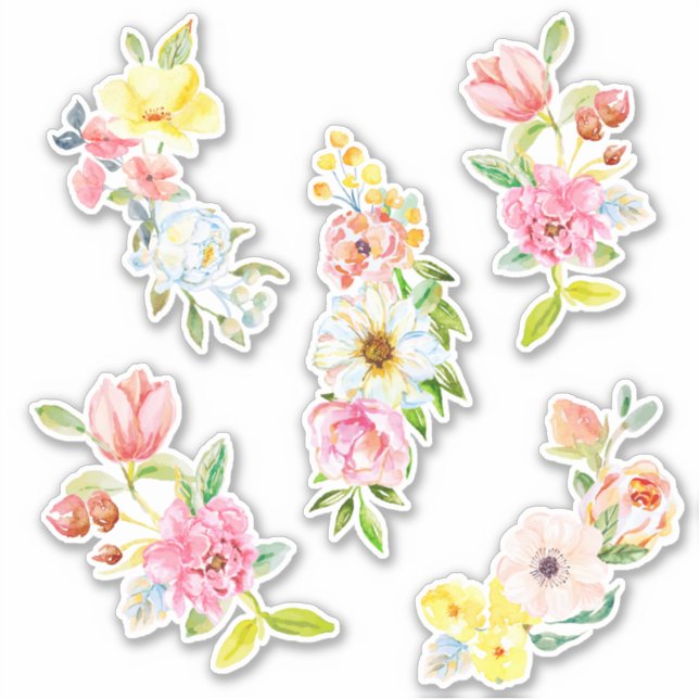 Pretty Watercolor Pastel Flowers Sticker (Front)