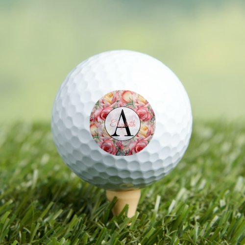 Pretty Watercolor Pastel Roses Monogram Golf Balls