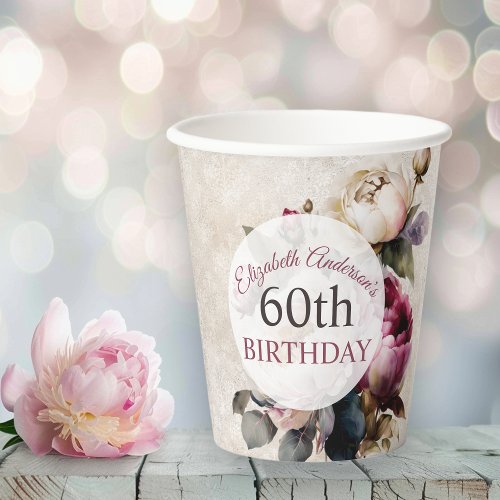 Pretty Watercolor Peony 60th Birthday Paper Cups