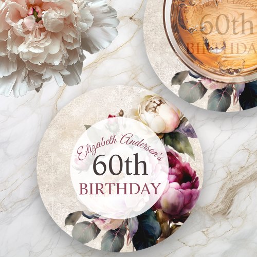 Pretty Watercolor Peony 60th Birthday Round Paper Coaster