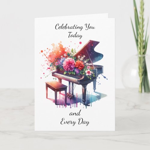 Pretty Watercolor Piano and Flowers Birthday Card