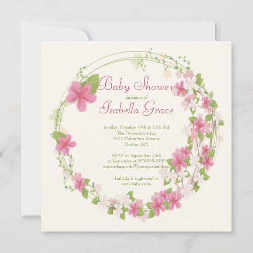 Pretty Watercolor Pink Floral Wreath Baby Shower Personalized Announcement