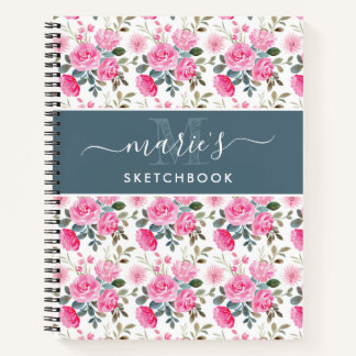 Pretty Watercolor Pink Flowers Pattern Add Name No Notebook
