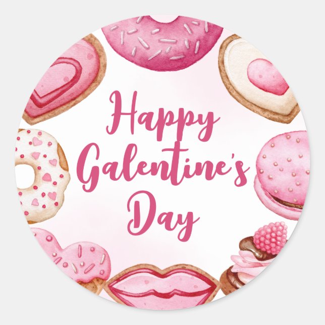Pretty Watercolor Pink Galentine's Shape Cookies  Classic Round Sticker (Front)