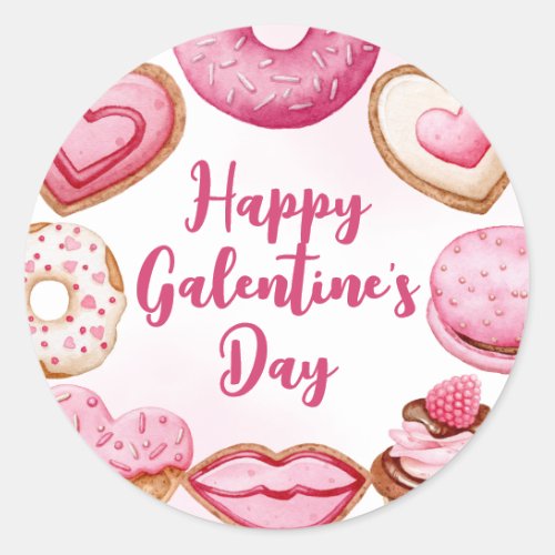 Pretty Watercolor Pink Galentines Shape Cookies  Classic Round Sticker