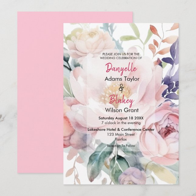 Pretty Watercolor Pink Purple Floral Wedding  Invitation (Front/Back)
