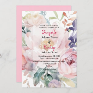 Pretty Watercolor Pink Purple Floral Wedding Invitation