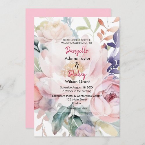 Pretty Watercolor Pink Purple Floral Wedding  Invitation