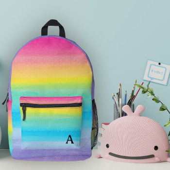 Pretty Watercolor Pink Rainbow Stripes Monogram  Printed Backpack by Orabella at Zazzle