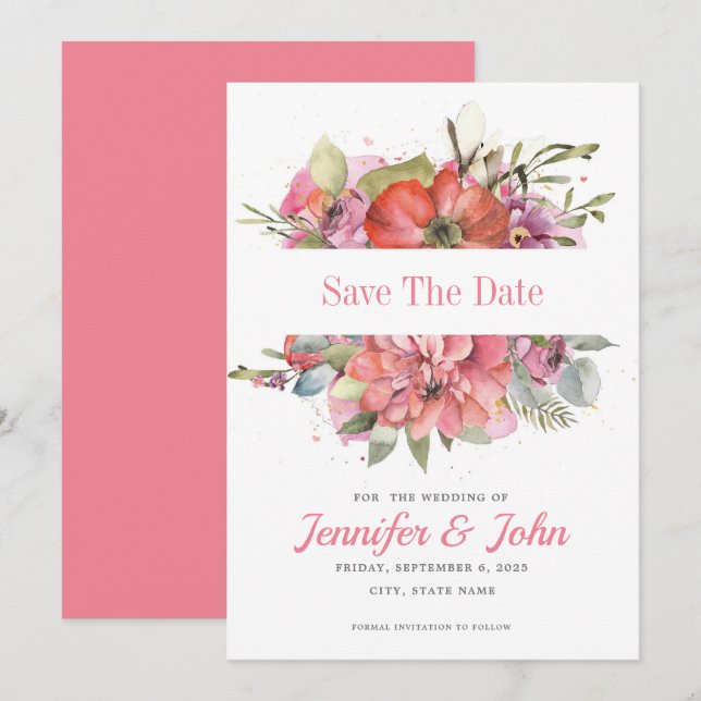 Pretty Watercolor Pink Red Floral Save The Date (Front/Back)