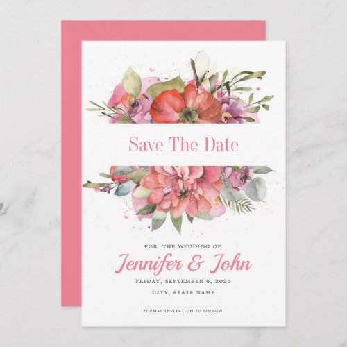 Pretty Watercolor Pink Red Floral Save The Date