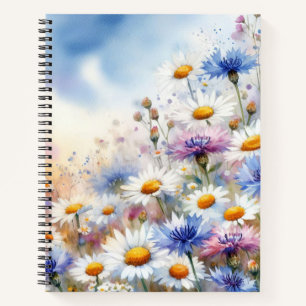 PRETTY WATERCOLOR PINK WHITE & BLUE WILDFLOWERS NOTEBOOK