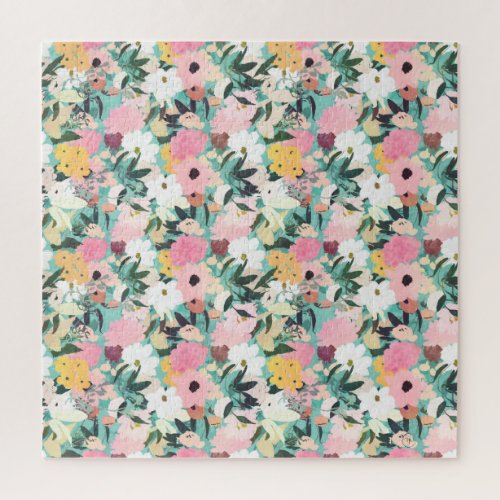 Pretty Watercolor Pink  White Floral Green Design Jigsaw Puzzle