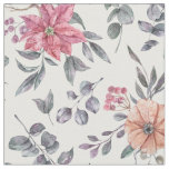 Pretty Watercolor Poinsettias and Eucalyptus  Fabric