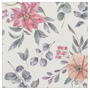 Pretty Watercolor Poinsettias and Eucalyptus Fabric
