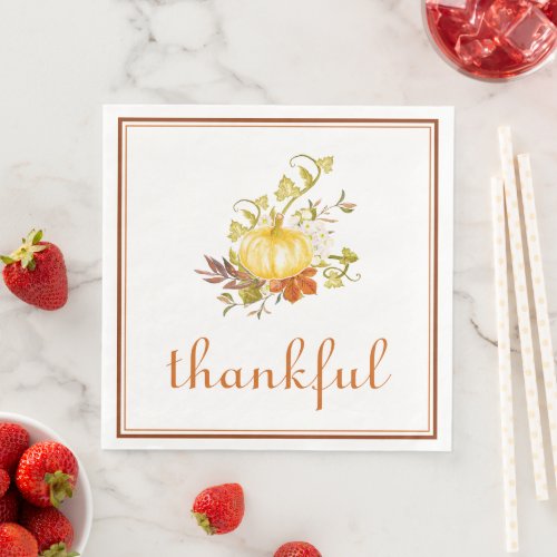 Pretty Watercolor Pumpkin Thankful Thanksgiving  Paper Dinner Napkins