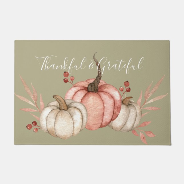 Pretty Watercolor Pumpkins on Sage  Doormat (Front)