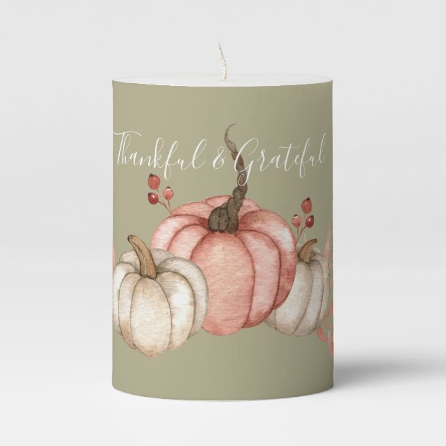 Pretty Watercolor Pumpkins on Sage  Pillar Candle (Front)
