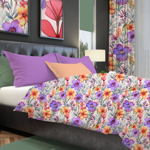 Pretty Watercolor Purple and Orange Flower  Duvet Cover