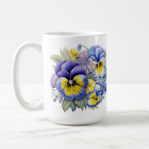 PRETTY WATERCOLOR PURPLE BLUE YELLOW PANSIES COFFEE MUG