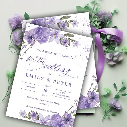 Pretty Watercolor Purple Elegant Floral Wedding Invitation