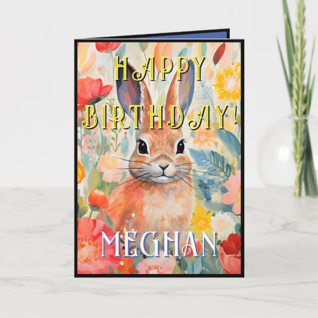 Pretty Watercolor Rabbit Happy Birthday Card (Front)