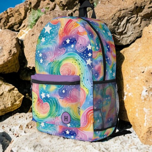 Pretty Watercolor Rainbow Galaxy Monogram Printed Backpack