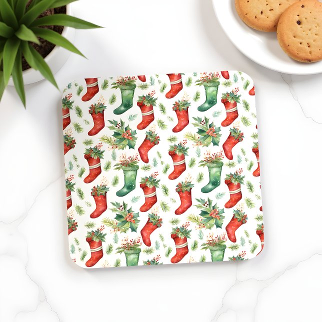 Pretty Watercolor Red and Green Stockings Beverage Coaster (Creator Uploaded)