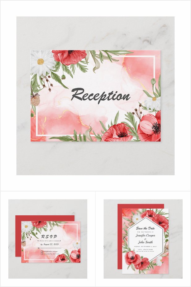 Pretty Watercolor Red Poppies Floral Suite