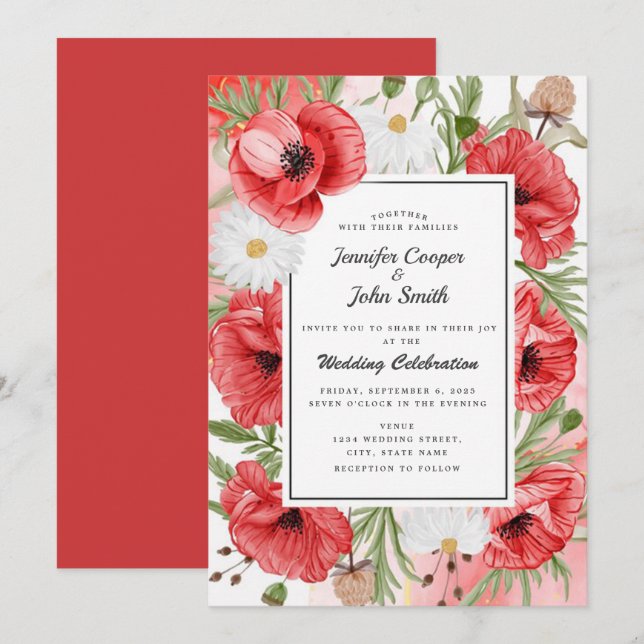 Pretty Watercolor Red Poppies Floral Wedding  Invitation (Front/Back)